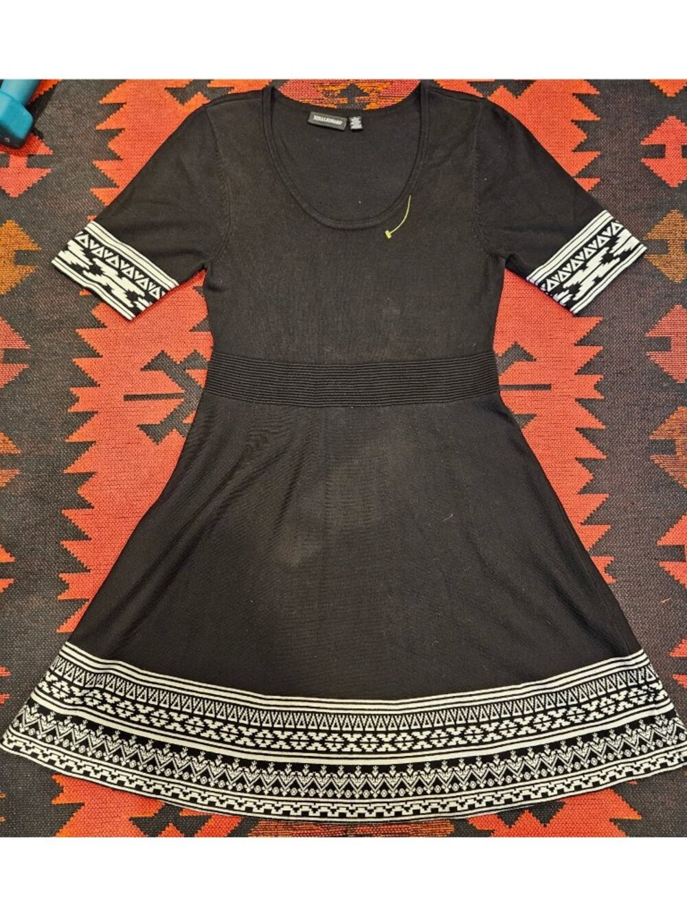 NEW Nina Leonard Black A-Line Sweater Dress Geometric Trim Size M